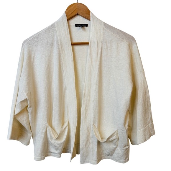 Eileen Fisher Organic Linen Blend Open Front Cardigan Sweater S/M Cream - Picture 1 of 6